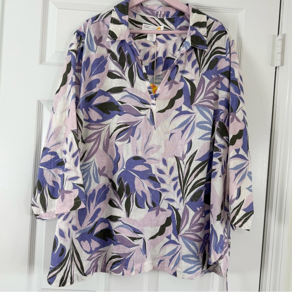 NEW C & C California 100% Linen Purple Floral Print Popover Top Size 3X